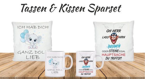 Bedruckte Tassen und Kissen im Sparset - Wir-machen-deine-Tasse.de
